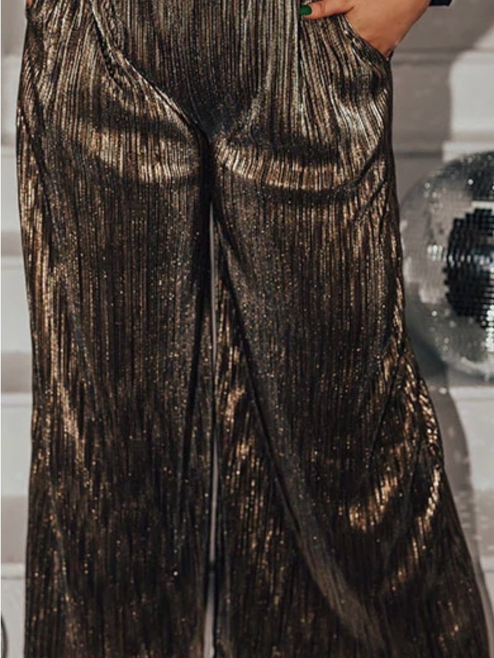 Impressions Metallic Gold Black Micro-Pleated Wide-Leg Retro Skirted Pants (L)